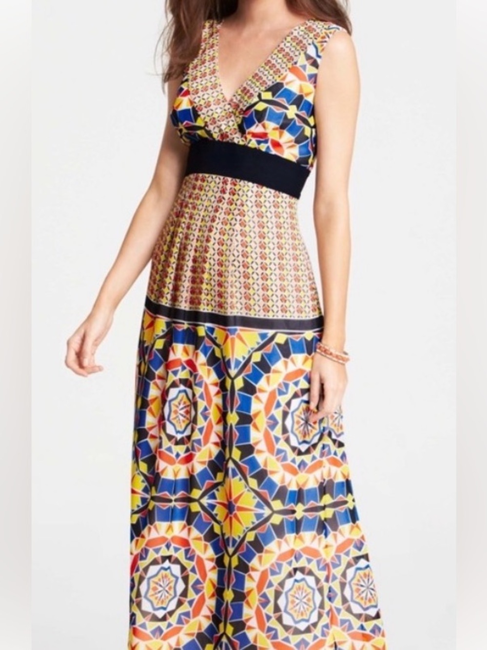 Ann Taylor Geometric Kaleidoscope V-Neck Maxi Dress Size 0 EUC